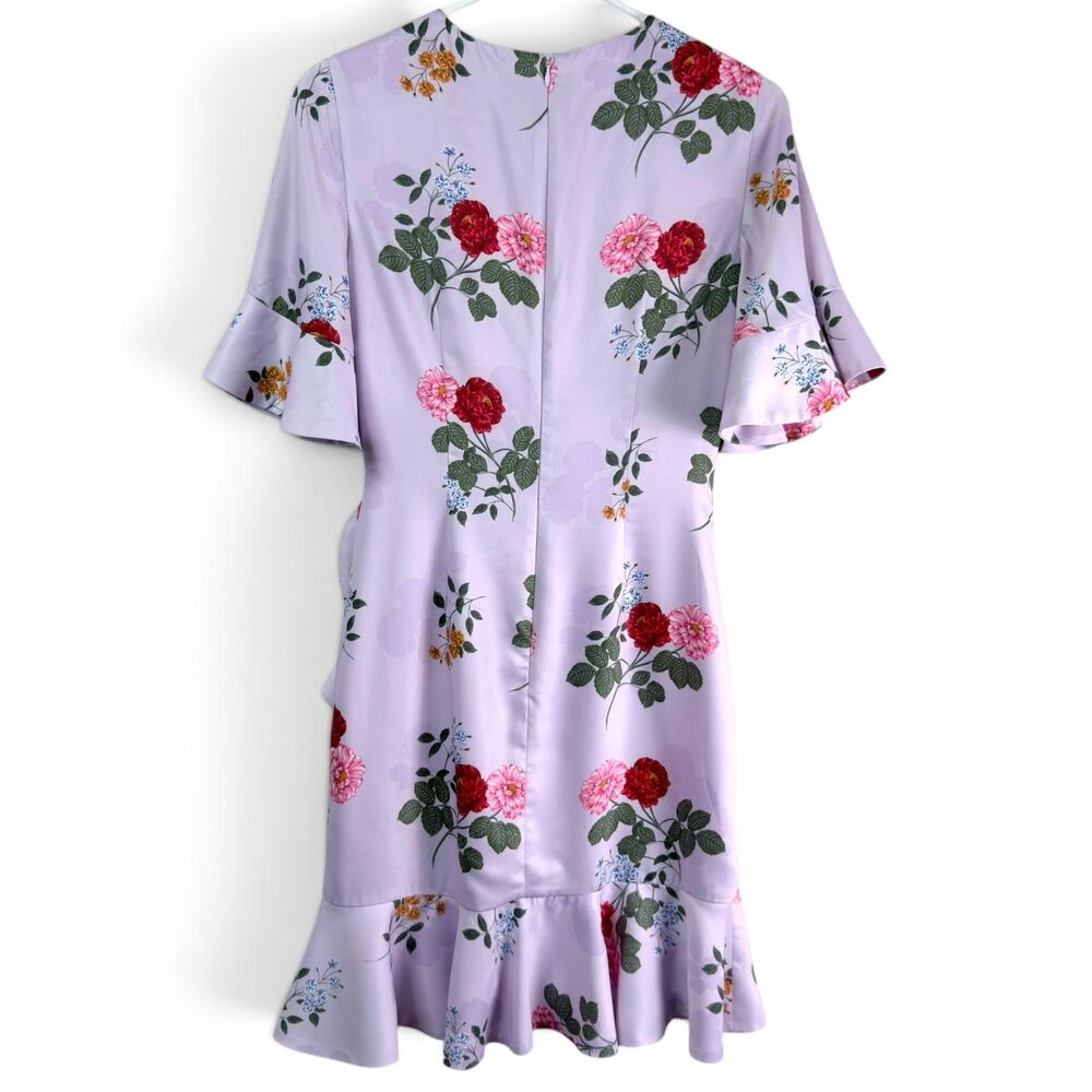 keepsake lilac floral ruffle midi dress ruched asymmetrical romantic size xs - Picture 3 of 10